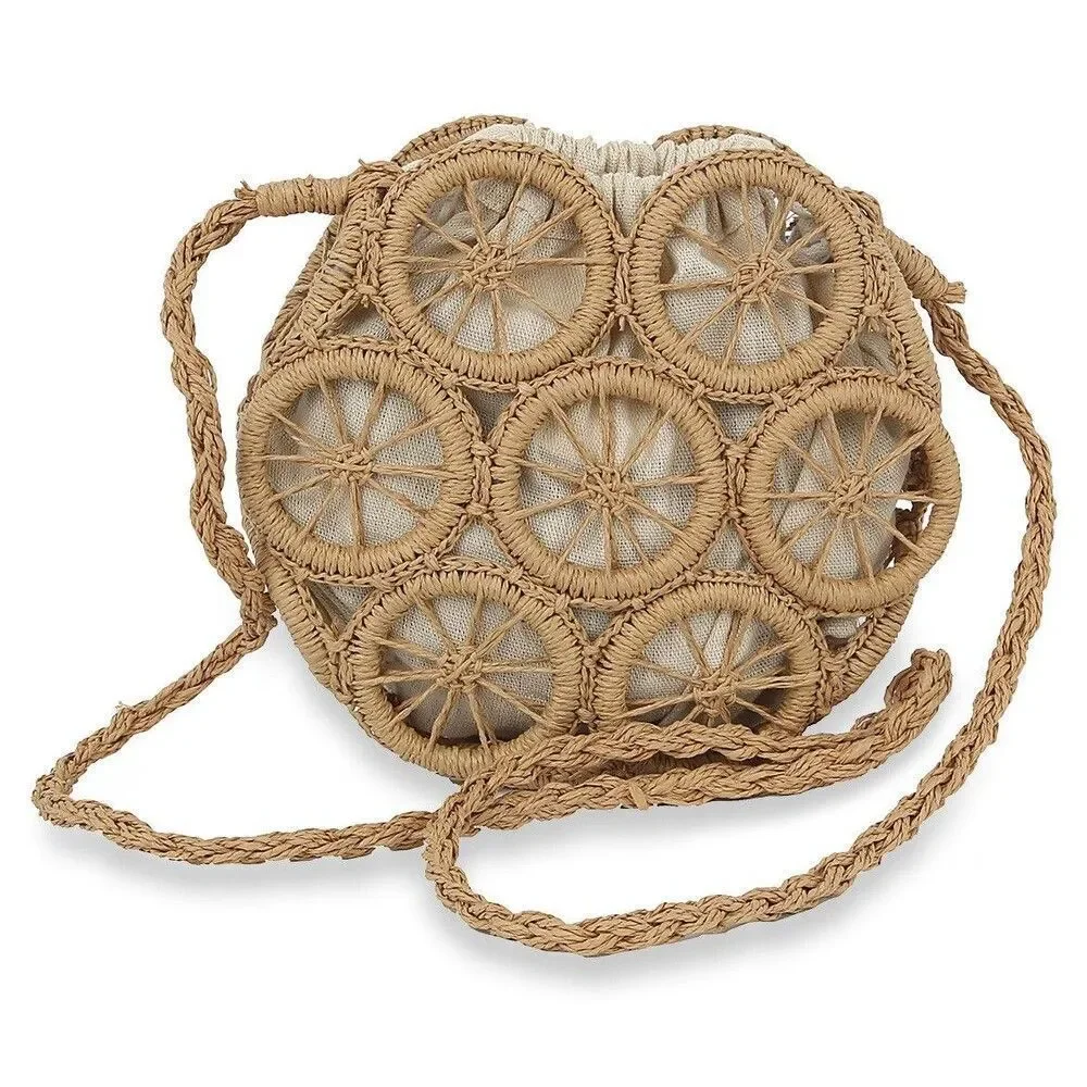 Women Petite Tan Straw Design Bag Summer Beach Weave Shoulder Bag Rattan